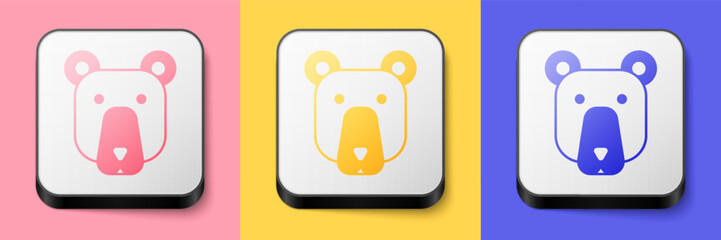 Isometric Bear head icon isolated on pink, yellow and blue background. Square button. Vector