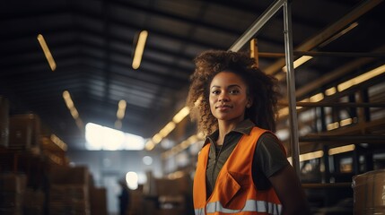 Worker at a warehouse. Black woman. Person in workplace. Generative AI.