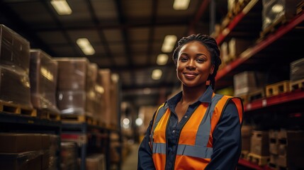 Fototapeta premium Worker at a warehouse. Black woman. Person in workplace. Generative AI.