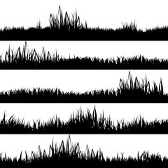 Meadow silhouettes with grass, plants on plain. Panoramic summer lawn landscape with herbs, various weeds. Herbal border, frame element. Black horizontal banners. Vector illustration