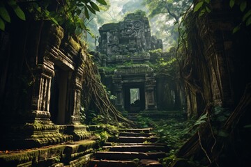 Mysterious Ancient Ruins in Dense Jungle. Generative AI