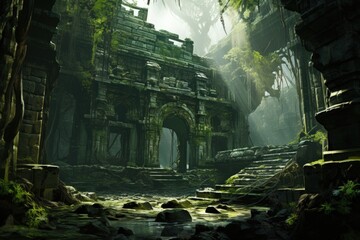 Mysterious Ancient Ruins in Dense Jungle . Generative AI