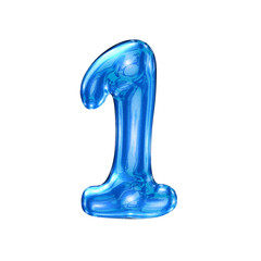 One 1 number alphabet with y2k liquid sea blue chrome effect