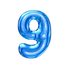 Nine 9 number alphabet with y2k liquid sea blue chrome effect