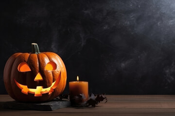 Halloween pumpkins and candles on wooden table, space for text