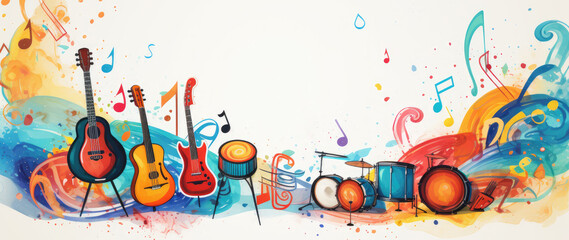 Music, school, education, hobby, leisure concept. Abstract creative background with musical tools and symbols