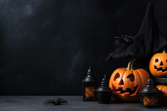 Halloween background with pumpkins, spiders and bats on black background