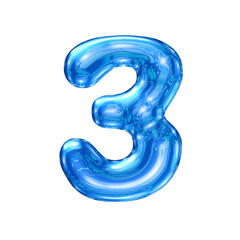 Three 3 number alphabet with y2k liquid sea blue chrome effect