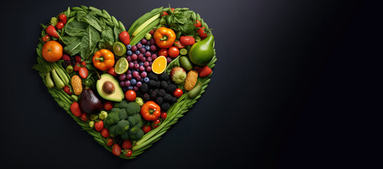 Healthy fruits and vegetables in heart shape on black background. Space for text or product display.