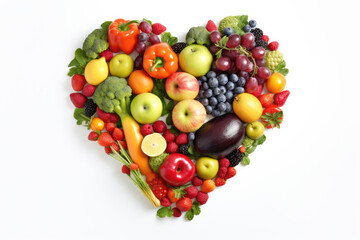 Naklejka na ściany i meble Healthy heart made of fresh fruits and vegetables on white background.