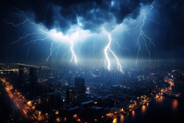 Striking Lightning Storm Over Cityscape. Generative AI