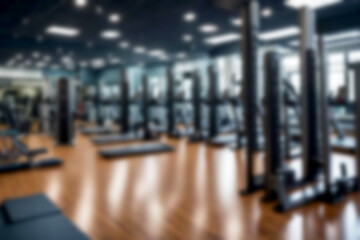 Abstract blurred background illustration. Aesthetic Interior Design of Gym Space with Abundant Exercise Equipment. Modern fitness gym for healthy exercise.