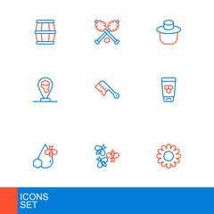 Set line Flower, Bees, and honeycomb, Cosmetic tube with, Honeycomb bee location, Beekeeping brush, Beekeeper protect hat and dipper stick icon. Vector
