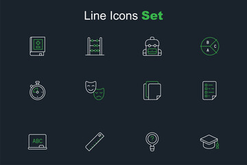 Set line Graduation cap, Unknown search, Ruler, Chalkboard, Clipboard with checklist, File document, Comedy and tragedy masks and Stopwatch icon. Vector