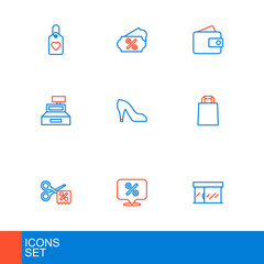 Set line Market store, Discount percent tag, Scissors cuts discount coupon, Paper shopping bag, Cash register machine, Woman shoe, Wallet and icon. Vector