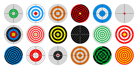 Shooting range paper targets. Round target with divisions, marks and numbers. Archery, gun shooting practise and training, sport competition and hunting. Bullseye and aim. Vector illustration - obrazy, fototapety, plakaty