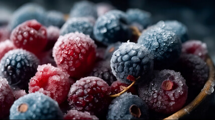 A mix of frozen fresh berries covered with frost and ice crystals. Generative AI technology.