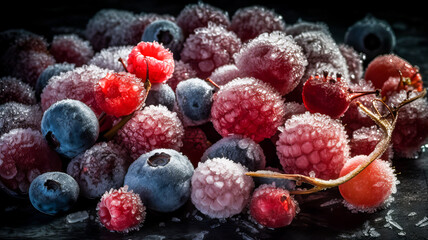 A mix of frozen fresh berries covered with frost and ice crystals. Generative AI technology.