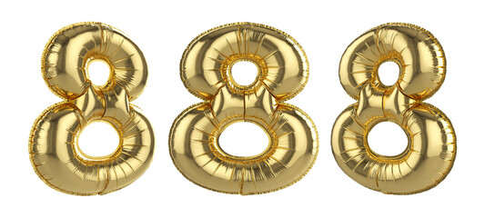 Gold foil balloon number 8 on transparent background. 3d render.