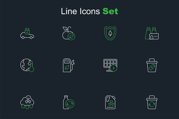 Set line Recycle bin, Recycling plastic bottle, Acid rain radioactive cloud, Trash can, Solar energy panel, Petrol or gas station and Earth melting to global warming icon. Vector
