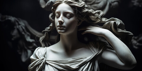 Nyx, Goddess of the Night, in Renaissance Marble Statue: A Renaissance marble statue depicting Nyx, the Greek goddess of the night. - obrazy, fototapety, plakaty
