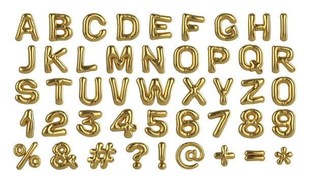 Gold foil balloon english alphabet complete with symbols on transparent background. 3d render.