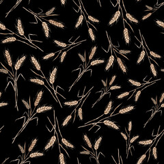 Seamless wheat spikelet pattern. Watercolor herbal background with wheat spica, oats spikelet illustration for textile, wallpapers, bakery decor. Wheat spikelets watercolor seamless pattern
