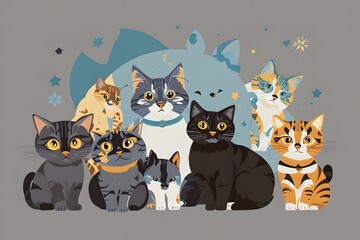 sitting cats vector portrait, world cat day concept