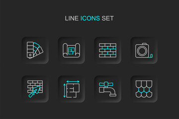 Set line Roof tile, Water tap, House plan, Brick wall with trowel, Roulette construction, Bricks, and Color palette guide icon. Vector