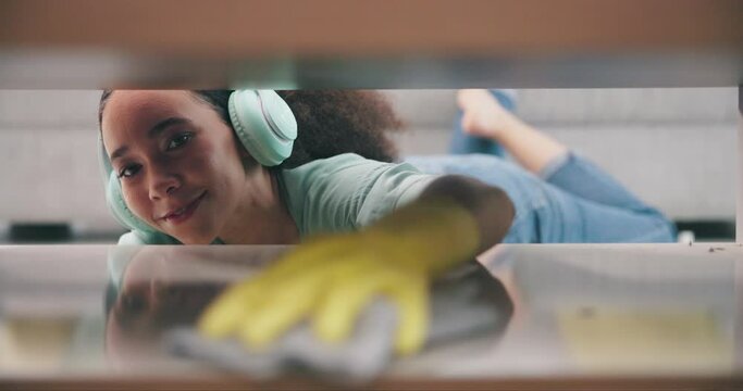 Cleaning, dirt and furniture with woman in living room for sanitary, housekeeping and bacteria. Safety, health and dust with cleaner wiping table at home for protection, product and germs prevention