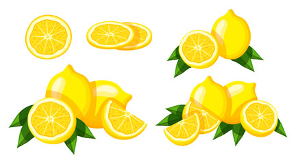 Set of yellow lemons in cartoon style. Vector illustration of delicious, fresh and juicy whole and half lemons cut into pieces with green leaves isolated on white background.