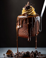 A delicious chocolate cake with chantilly and dripping syrup, generative AI  - obrazy, fototapety, plakaty