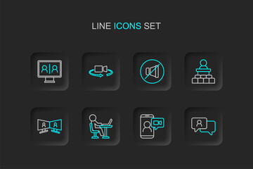Set line Speech bubble chat, Video conference, Freelancer, Speaker, Mute microphone, 360 degree view and icon. Vector