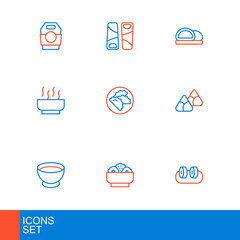 Set line Sushi, Chow mein on plate, Soy sauce bowl, Zongzi bamboo steamer, Ramen soup, Dumpling, and Guotie icon. Vector