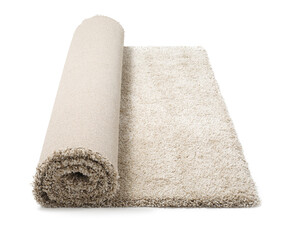 Rolled fuzzy carpet on white background. Interior element