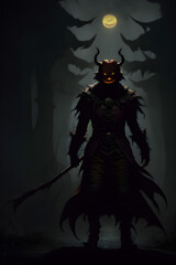 Halloween pumpkin head monster in the middle of the forest with a magic weapon, surrounded by scary trees and mist in full moon night