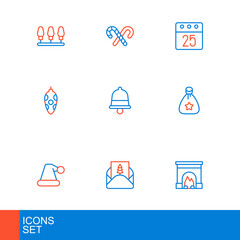 Set line Interior fireplace, Envelope, Christmas Santa Claus hat, bag gift, toy, ringing bell, day calendar and Candy cane with stripes icon. Vector