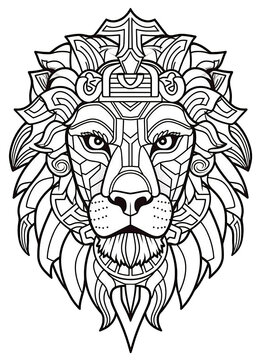 Lion head with ornament. Black and white vector illustration for coloring page