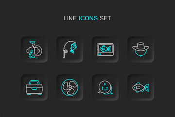 Fototapeta premium Set line Fish, Fishing hook, Outboard boat motor, Dried fish, finder echo sounder, rod and and Spinning reel for fishing icon. Vector