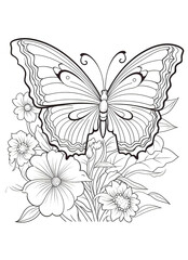 Butterfly and flowers Black and white illustration for coloring book