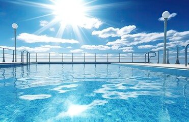 swimming pool an empty swimming pool with sun shining behind it with Generative AI