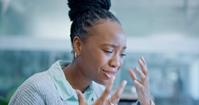 Sad, talking and frustrated black woman at work with stress from the workplace or speaking. Mental health, burnout and African employee with communication about anger, fear or mistake in the office