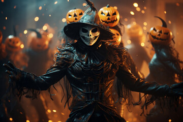 Fototapeta premium Masquerade ball for the Halloween party, people with bizarre costumes and masks dance, laugh and have fun among colors and lights and confetti