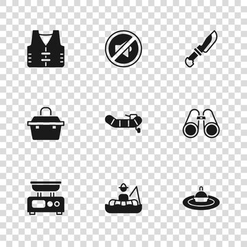 Set Fisherman in boat, Binoculars, Fishing float water, Inflatable with motor, Knife, jacket, Speaker mute and Case box for fishing equipment icon. Vector