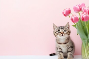 Cute tabby kitten and tulips flowers on pink background. Valentines day concept. Empty space for text. Generative ai
