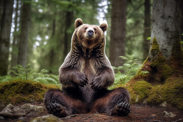 grizzlie bear doing yoga in the forest