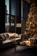 Apartment interior with Christmas tree and big windows with city lights. AI Generative