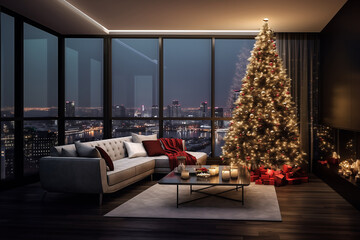 Apartment interior with Christmas tree and big windows with city lights. AI Generative