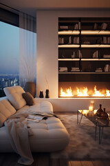Modern fireplace in apartment with sofa and big windows. Cozy home. AI Generative