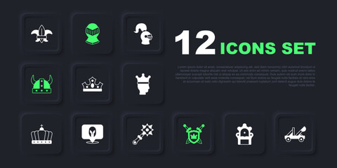 Set Medieval throne, catapult, King crown, Shield with swords, Viking horned helmet, and Mace spikes icon. Vector